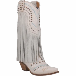 Dingo® Ladies Gypsy Almond Toe Fringed White Boots DI737-WHT