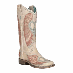 Corral Boots Corral Ladies Studded Bone Heart & Wing Cream Square Toe BootsA4314