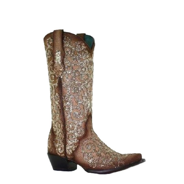 Corral Boots Corral Ladies Bone Lamb Glitter Overlay & Embroidery Boots C3763 3 Corral Boots Corral Ladies Bone Lamb Glitter Overlay & Embroidery Boots C3763